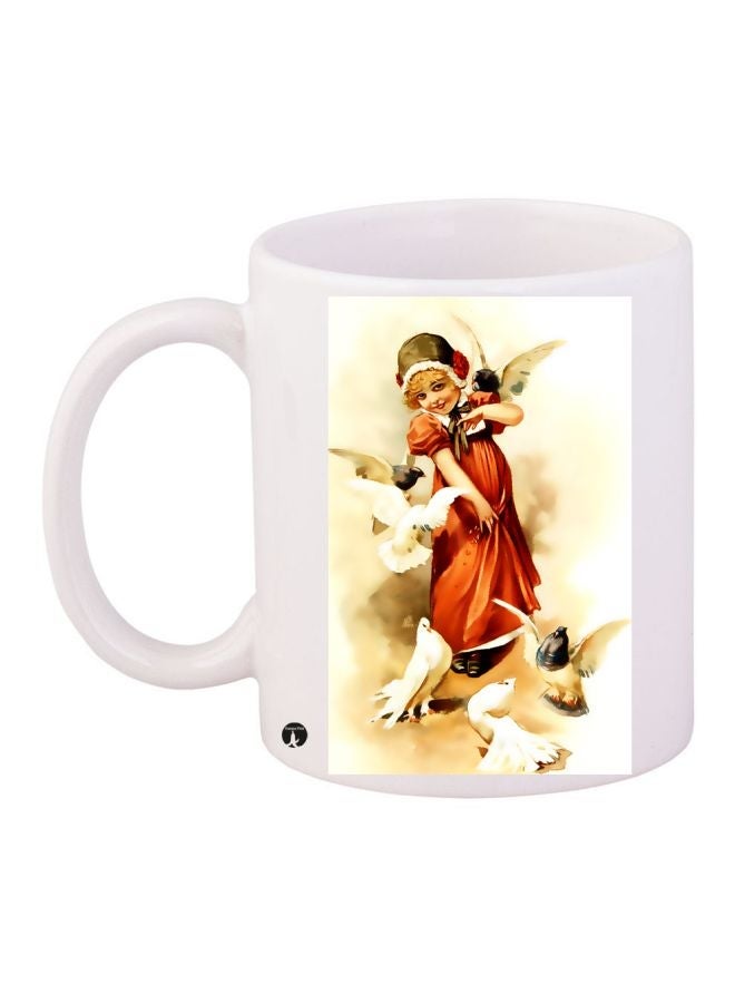 RYN Girl With Bird Printed Coffee Mug White/Beige/Red 11ounce