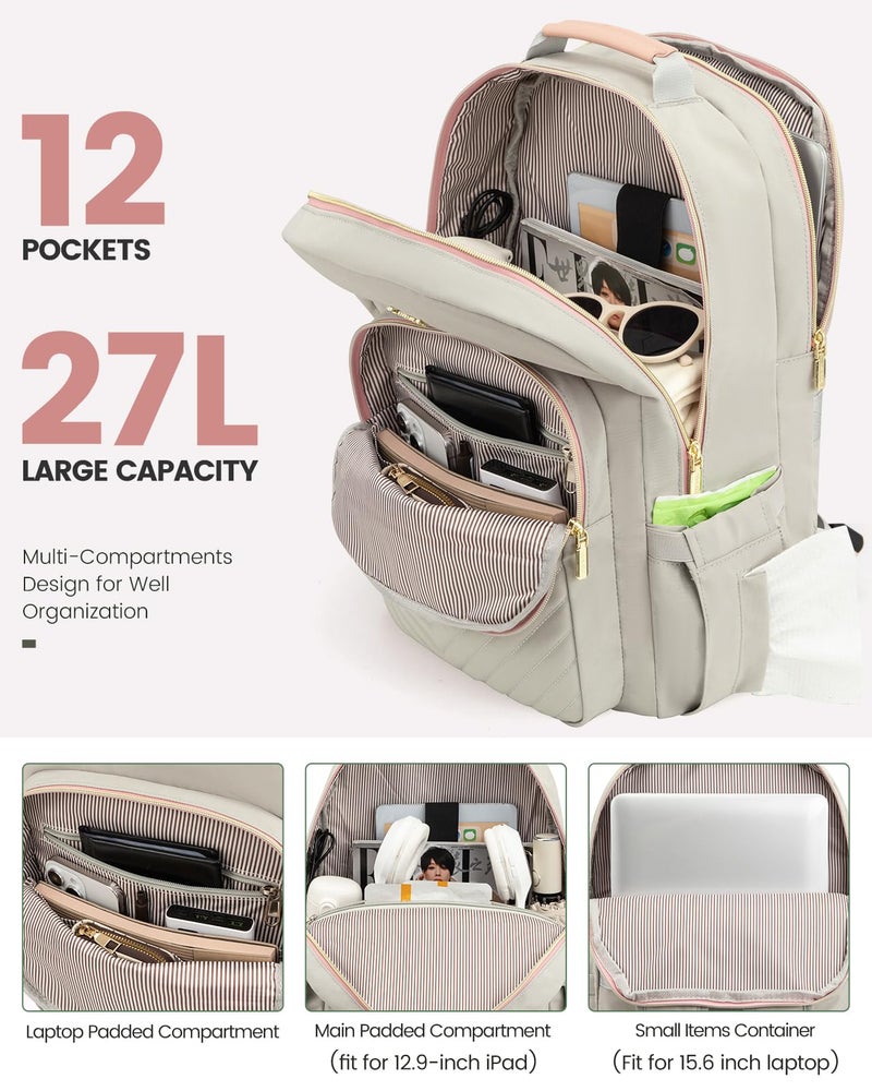 LOVEVOOK Laptop Backpack Purse for Women, Work Travel Computer Bags, College School Backpack for Student Girl, Quilted Casual Daypack with USB Port, Fit 15.6 Inch Laptop, Grey Pink - Image 2