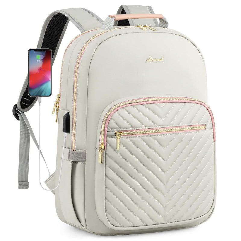 LOVEVOOK Laptop Backpack Purse for Women, Work Travel Computer Bags, College School Backpack for Student Girl, Quilted Casual Daypack with USB Port, Fit 15.6 Inch Laptop, Grey Pink - Image 1
