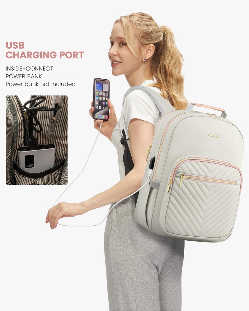 LOVEVOOK Laptop Backpack Purse for Women, Work Travel Computer Bags, College School Backpack for Student Girl, Quilted Casual Daypack with USB Port, Fit 15.6 Inch Laptop, Grey Pink - Image 5