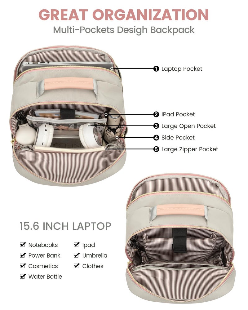 LOVEVOOK Laptop Backpack Purse for Women, Work Travel Computer Bags, College School Backpack for Student Girl, Quilted Casual Daypack with USB Port, Fit 15.6 Inch Laptop, Grey Pink - Image 3