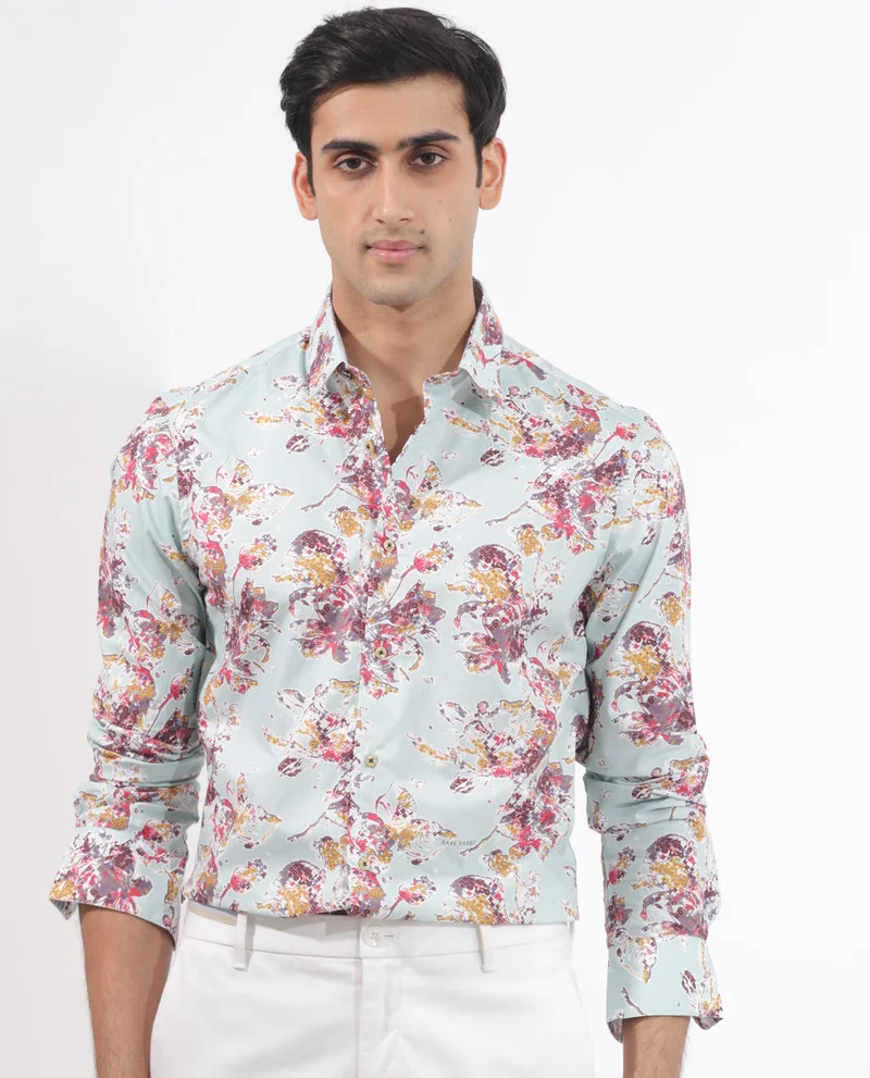 Rare Rabbit Rare Rabbit Jaqenn Primary Turq Cotton Fabric Full Sleeves Floral Print Shirt