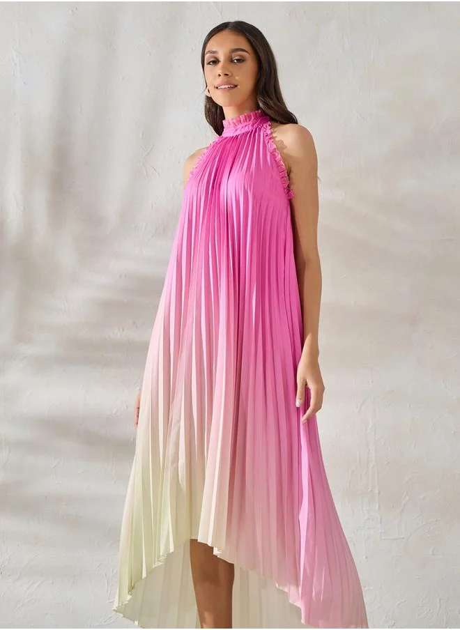 Styli Ombre Look High-Low Hem Midi Dress with Halter Neck