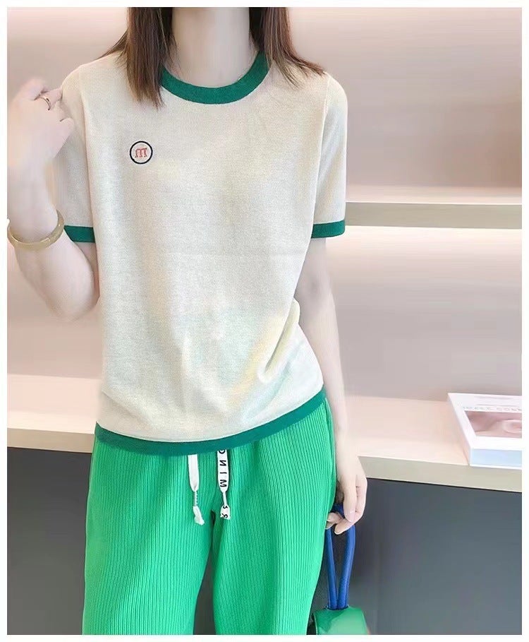 Summer Thin Worsted Pure Wool Short-sleeved T-shirt Women's Round Neck M-shaped Embroidered Knitted Half-sleeved Tencel Top Base Shirt - Image 1
