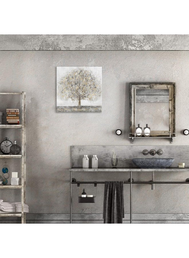 Woxfcart Abstract Tree Pictures Wall Art Gray Modern Artwork with Gold Decor Painting Prints on Canvas for Bathroom Bedroom Walls Decoration 12x12 - Image 2