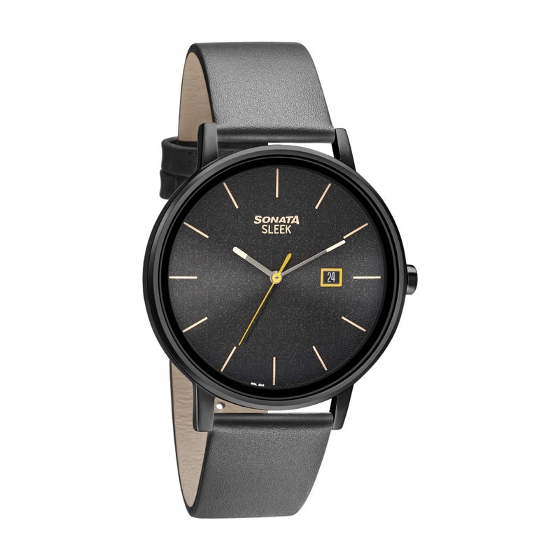Sonata Watch for Men, Quartz Movement, Analog Display, Black Leather Band Strap-NR7131NL04