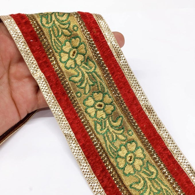 9 METER GREEN & RED WITH GOLDEN BORDER FLOWER DESIGN WEAVING WORK LACE WITH GOLDEN ZARI WORK, BANARASI SAREE LACE BORDER TRIM, BRIDAL LEHENGA DUPATTA SUIT ANARKALI, INDIAN FASHION ACCESSORIES