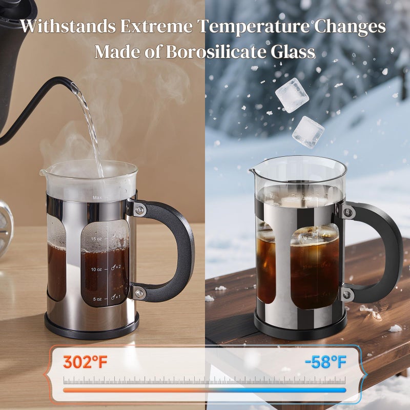 Veken French Press Coffee Maker 21oz 0.6 L, Single Serve Small Pot, Heat Resistant Thickened Borosilicate Glass,Stainless Steel Brewer,Cold Brew Cafetera Teapot for Kitchen Travel Camping, Dark Pewter - Image 3