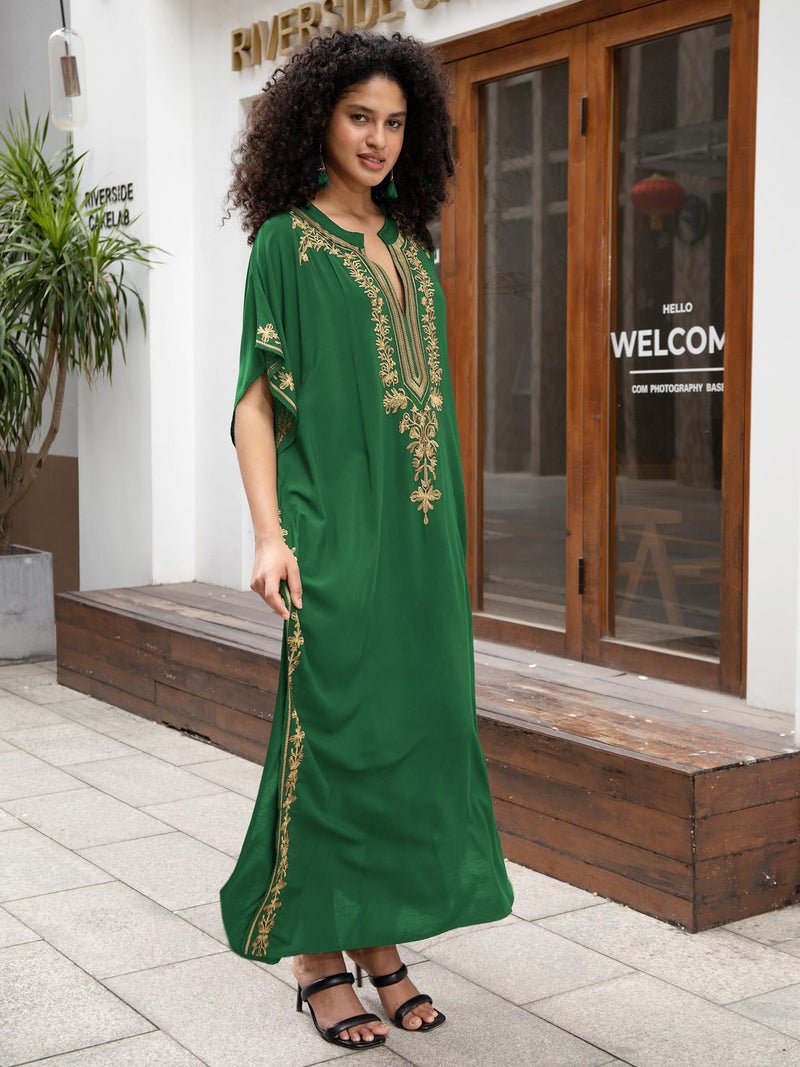 KECVOT Kaftan Dresses for Women Embroidered Short Sleeve V-neck Plus Size Caftan Bikini Swimsuit Cover-Up Long Beach Dress - Image 5