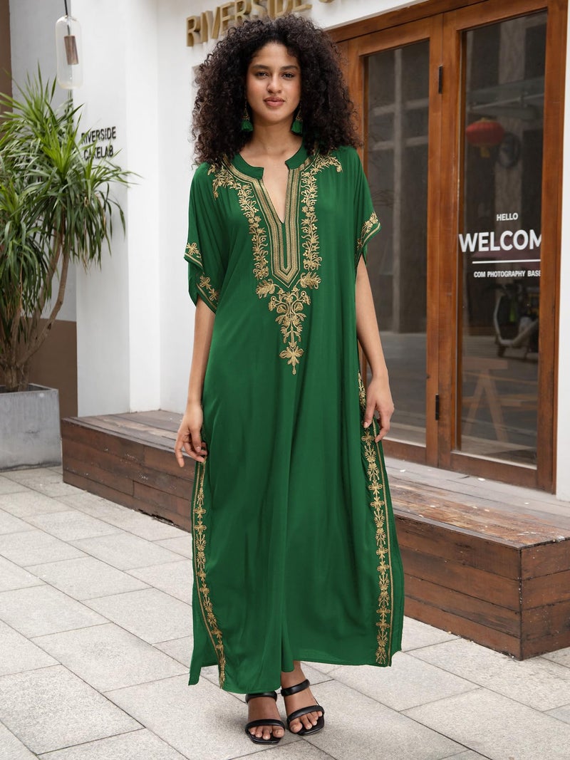 KECVOT Kaftan Dresses for Women Embroidered Short Sleeve V-neck Plus Size Caftan Bikini Swimsuit Cover-Up Long Beach Dress - Image 2