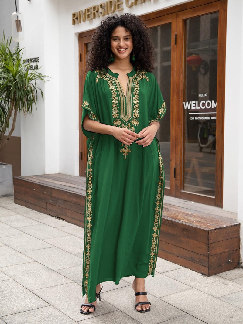KECVOT Kaftan Dresses for Women Embroidered Short Sleeve V-neck Plus Size Caftan Bikini Swimsuit Cover-Up Long Beach Dress - Image 3