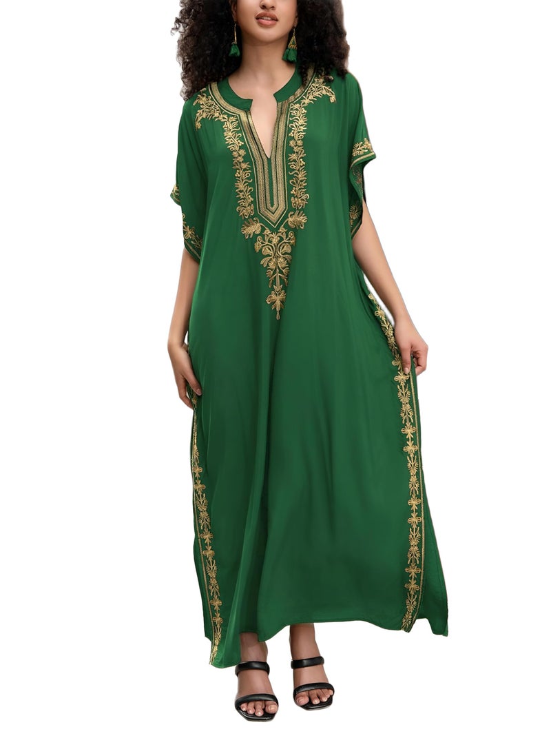 KECVOT Kaftan Dresses for Women Embroidered Short Sleeve V-neck Plus Size Caftan Bikini Swimsuit Cover-Up Long Beach Dress - Image 1