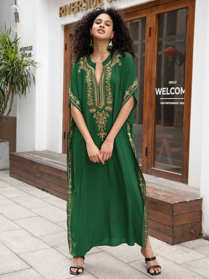 KECVOT Kaftan Dresses for Women Embroidered Short Sleeve V-neck Plus Size Caftan Bikini Swimsuit Cover-Up Long Beach Dress - Image 4