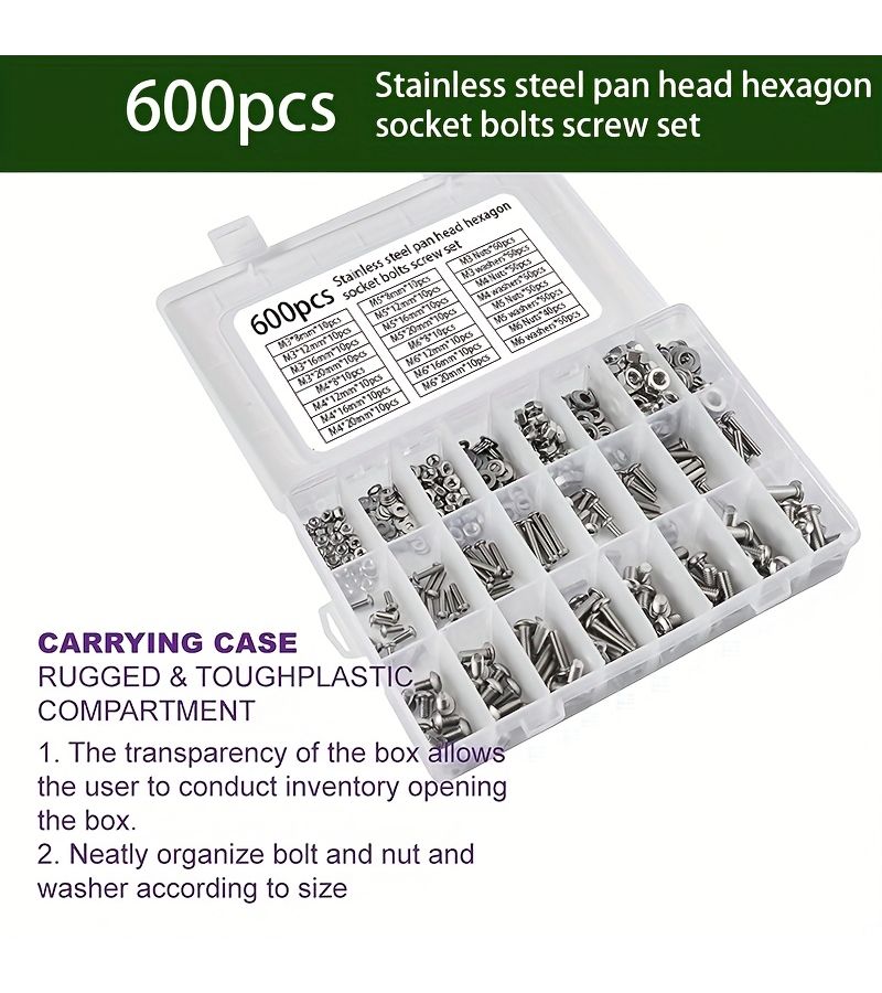 600Pcs M3 M4 M5 M6 Stainless Steel Hexagon Socket Bolts Nuts Washers Combination Set Hexagon Socket Round Head Screws DIY Tool Screw Nut Kit - Image 4
