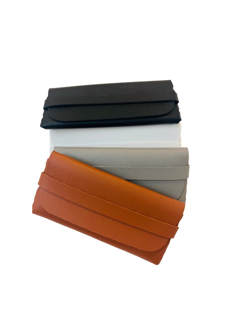 Booma Opticals Pack of 4 Soft Glasses Cases, 8 x 17 cm, Soft Glasses Case, PU Leather, Portable, Sunglasses Case, Soft Bag, Sunglasses Bag for Men and Women: Brown, white, Grey and Black for Storage & Travel. - Image 1