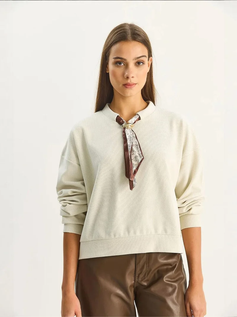 Bianco Lucci Crew Neck Ribbed Sweatshirt with Scarf Accessory Detail