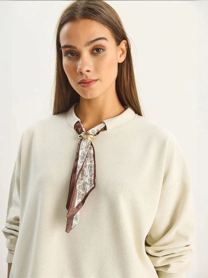 Crew Neck Ribbed Sweatshirt with Scarf Accessory Detail