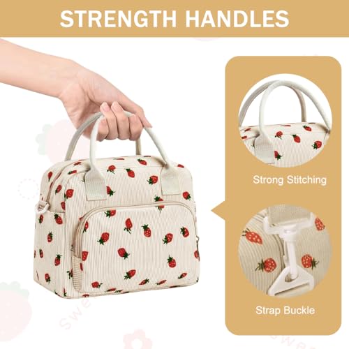 PALAY® Lunch Bag for Office Insulated Strawberry Corduroy Tiffin Bag with Removable Shoulder Strap School Travel Lunch Storage Bags for Women Girls - Image 3