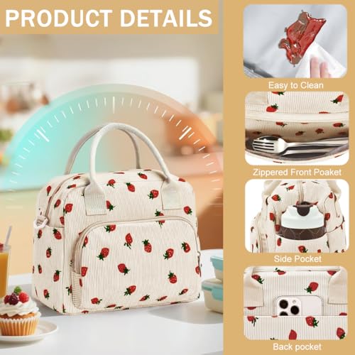 PALAY® Lunch Bag for Office Insulated Strawberry Corduroy Tiffin Bag with Removable Shoulder Strap School Travel Lunch Storage Bags for Women Girls - Image 4