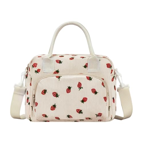 PALAY® Lunch Bag for Office Insulated Strawberry Corduroy Tiffin Bag with Removable Shoulder Strap School Travel Lunch Storage Bags for Women Girls - Image 1