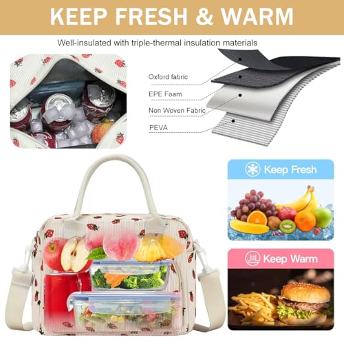 PALAY® Lunch Bag for Office Insulated Strawberry Corduroy Tiffin Bag with Removable Shoulder Strap School Travel Lunch Storage Bags for Women Girls - Image 5