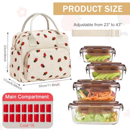 PALAY® Lunch Bag for Office Insulated Strawberry Corduroy Tiffin Bag with Removable Shoulder Strap School Travel Lunch Storage Bags for Women Girls - Image 2