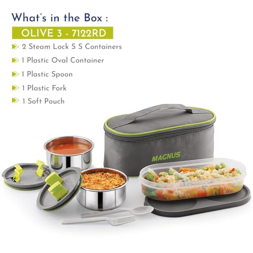 Magnus Olive 3 Lunch Box Set: Leak-Proof Stainless Steel Containers with Thermal Bag - Lunch Box for Kids and Lunch Boxes for Office Men - Airtight & Insulated Food Tiffin (950 ml) - Image 2