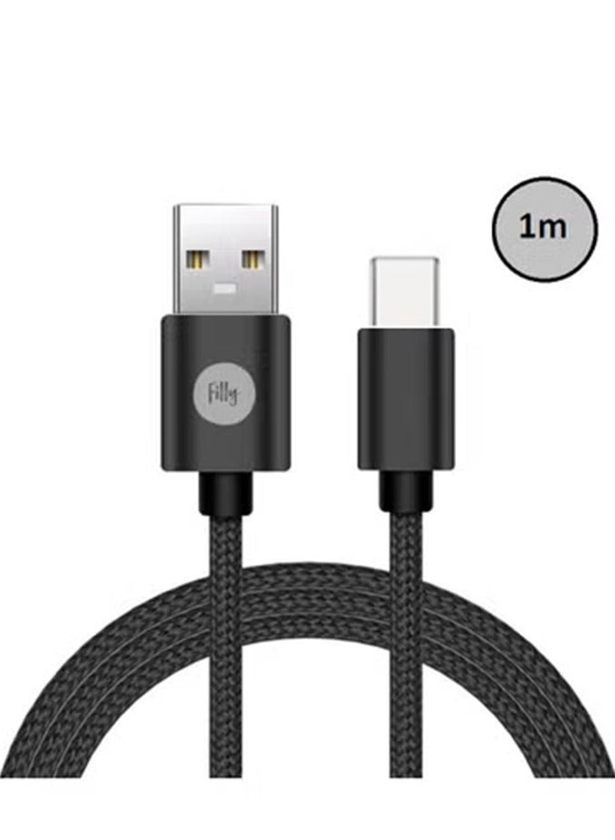 Filly Type C Cable 1 Meter USB Cable Black Nylon Braided Fast Charging Compatible with Samsung Galaxy S21, Note 20, M12, M52, A13, A23, A53, MacBook Pro, Nintendo Switch, Huawei, GoPro Hero 7,PS5, etc - Image 1