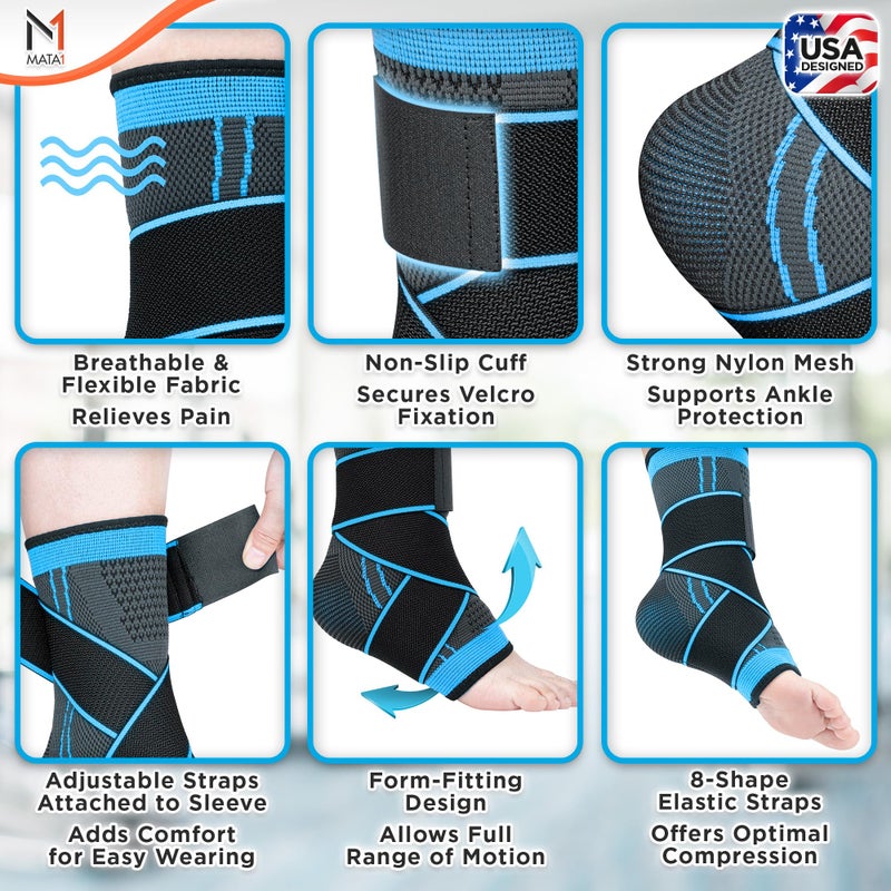 Mata1 - Ankle Brace for Men and Women - Black/Blue - Foot Wrap for Plantar Fasciitis, Sprain, Achilles, and Tendonitis Support - Adjustable Compression Sleeve with Elastic Straps - Image 3