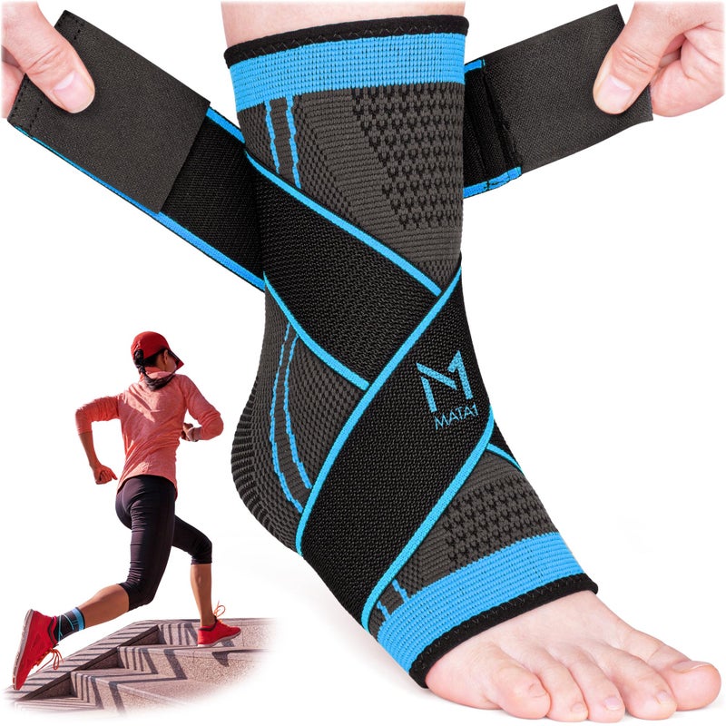 Mata1 - Ankle Brace for Men and Women - Black/Blue - Foot Wrap for Plantar Fasciitis, Sprain, Achilles, and Tendonitis Support - Adjustable Compression Sleeve with Elastic Straps - Image 1