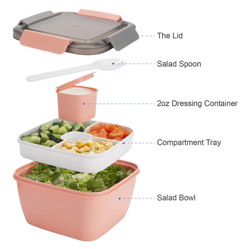 Freshmage Salad Lunch Container To Go  2 Packs 52-oz Salad Bowls with 3 Compartments  Salad Dressings Container for Salad Toppings  Snacks  Men  Women (Pink+Green) - Image 2