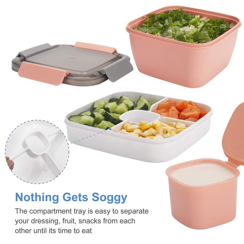 Freshmage Salad Lunch Container To Go  2 Packs 52-oz Salad Bowls with 3 Compartments  Salad Dressings Container for Salad Toppings  Snacks  Men  Women (Pink+Green) - Image 3