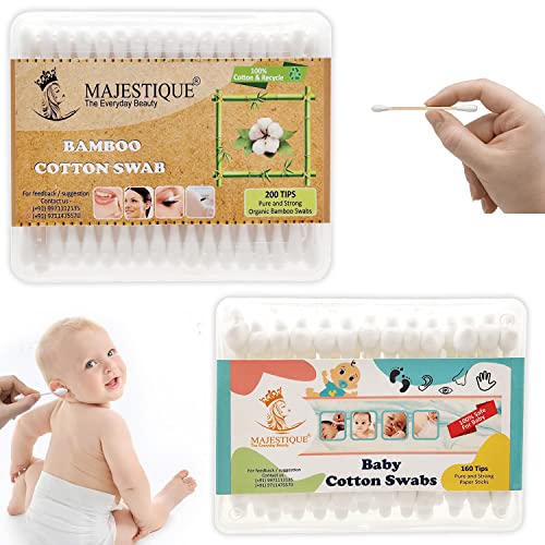 Majestique Baby Safety Cotton Swab | 100% Organic Soft Cotton Tips for Cleaning – Ideal for Babies & Adults Makeup Removal Cotton Sticks | Bamboo Cotton Swabs - 80-Swabs for Baby / 100-Swabs for Adults (Pack of 2) - Image 1