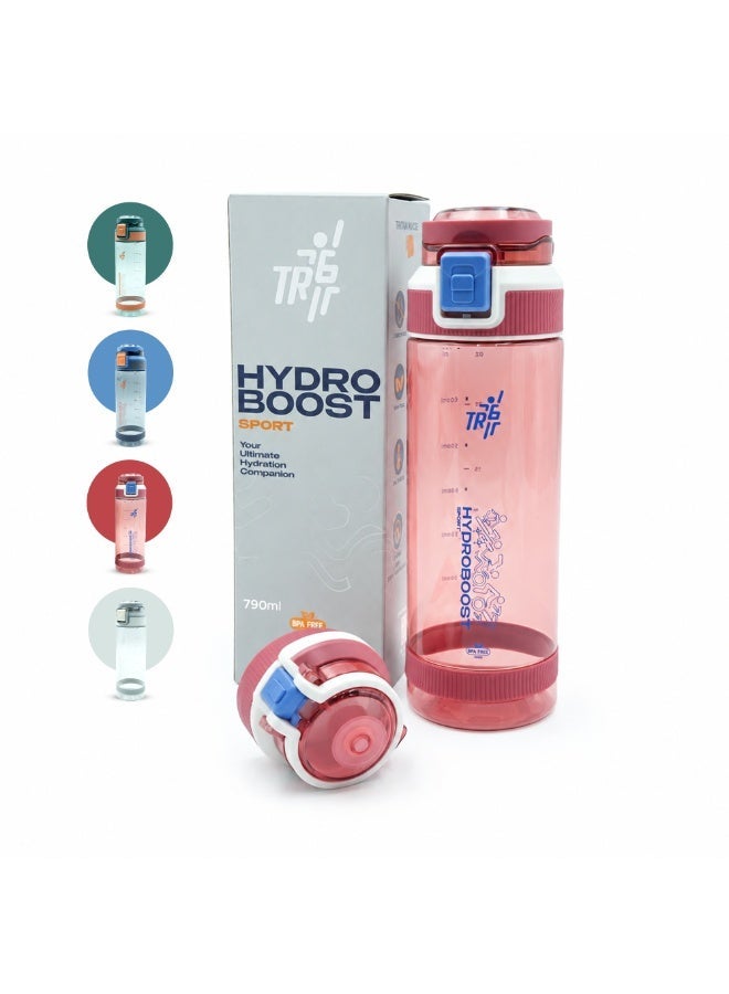 TR6 زجاجة رياضية شفافة TR6 Hydra Boost Sport مقاومة للتسرب وخالية من مادة BPA مع غطاء قابل للقفل وحامل حمل خفيف الوزن للصالة الرياضية والمكتب والسفر ومتتبع الترطيب مع علامات 790 مل (أحمر، 790 مل) - Image 1