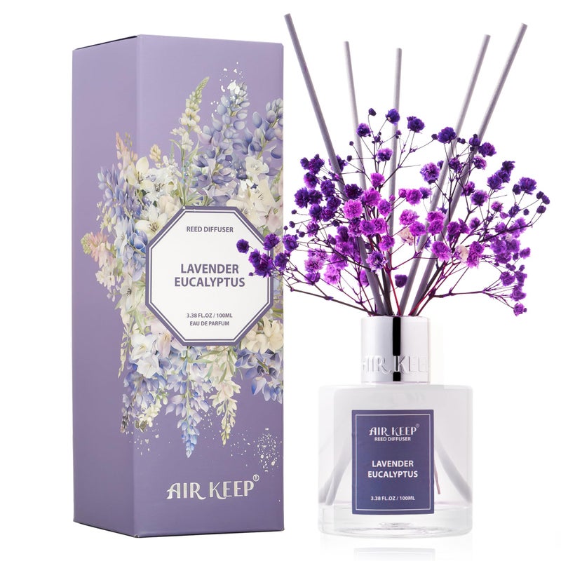 Airkeep Reed Diffuser Set,3.38 fl oz (100 ml) - Lavender Eucalyptus Oil Diffusers with 8 Reed Sticks, Home Fragrance Reed Diffuser for Bathroom Shelf Decor - Image 1