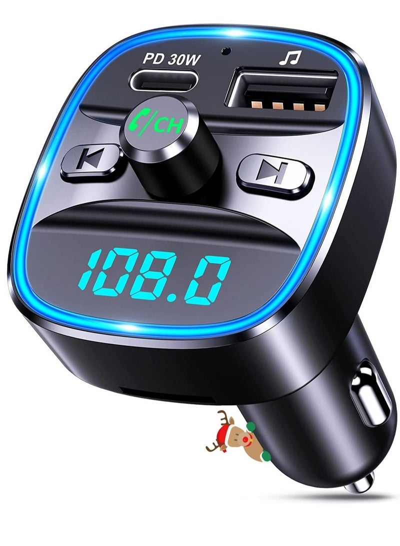 Bluetooth FM Transmitter for Car, [Upgraded Type-C] PD 30W Quick Charging Bluetooth Car Adapter with Hands-Free Calling, Wireless FM Radio Receiver Music Player/Car Kit Support SD Card & USB - Image 1