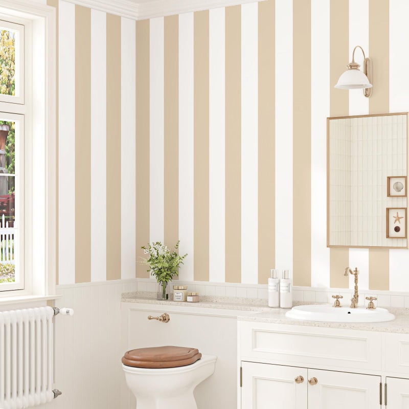 STICKEEP Neutral Striped Peel and Stick Wallpaper Self Adhesive Brown and White Wallpaper Removable Thick Striped Contact Paper for Walls Living Room Bedroom Home Decor Vinyl Roll 17.5" x 120" - Image 3