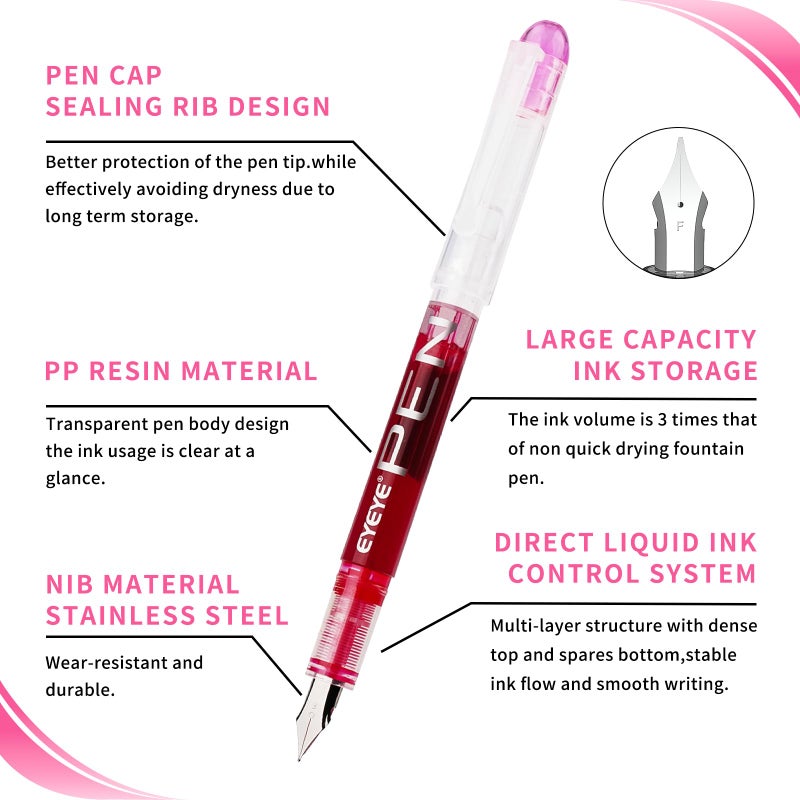 EYEYE Disposable Fountain Pens, 8 Pack Multicolor Fine Point Fountain Pens for Writing, Stainless Steel Nib, Smooth Writing for Journaling, Drafting, Sketching, Doodling & Gifts - Image 3