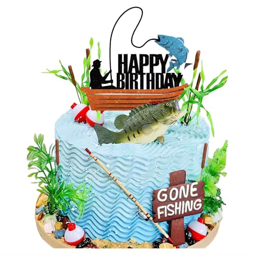 Qoadwem Fishing Cake Topper Gone Fishing Cake Topper With Bass Reed For Fisherman Themed Decoration And Retirement Party Supplies - Image 1