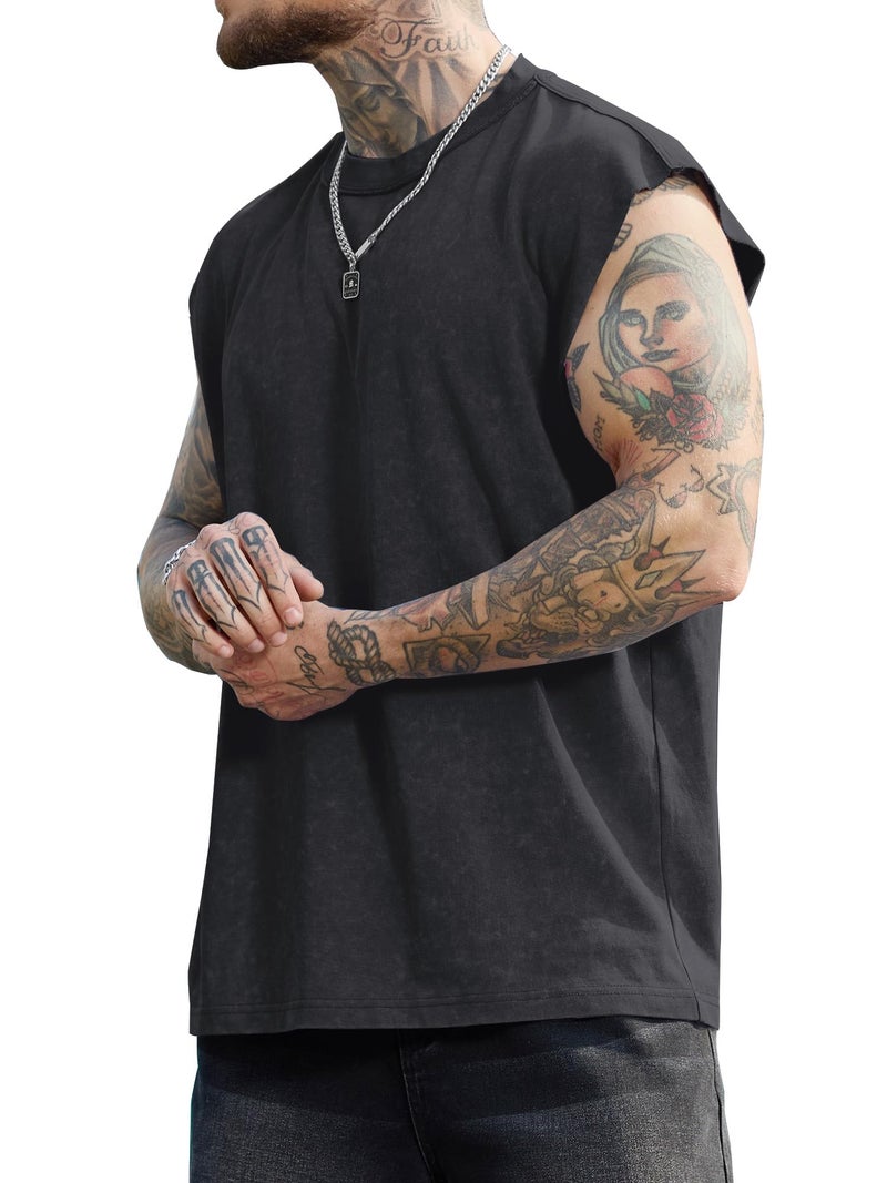 PLEPAN Men's Muscle Sleeveless Tank Tops Oversized Crewneck T Shirts Dolman Sleeve Tee Black Large - Image 4