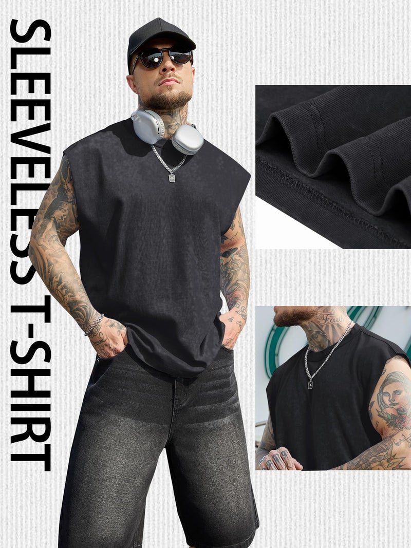 PLEPAN Men's Muscle Sleeveless Tank Tops Oversized Crewneck T Shirts Dolman Sleeve Tee Black Large - Image 5