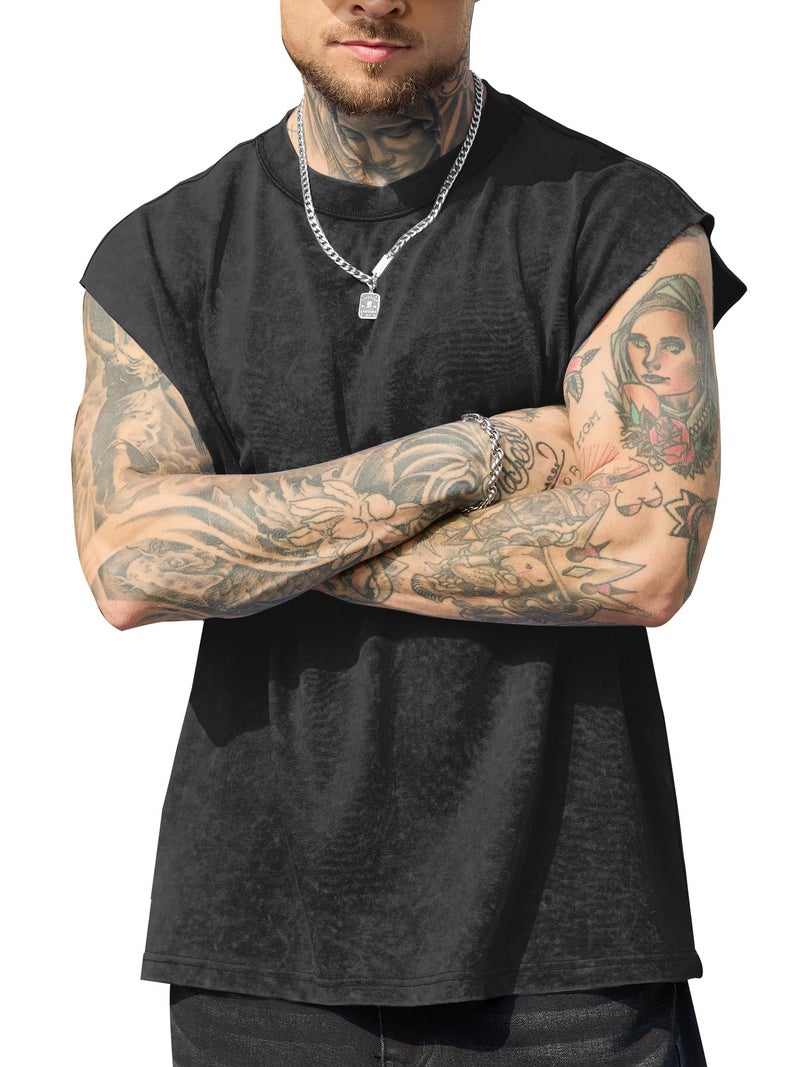 PLEPAN Men's Muscle Sleeveless Tank Tops Oversized Crewneck T Shirts Dolman Sleeve Tee Black Large - Image 2