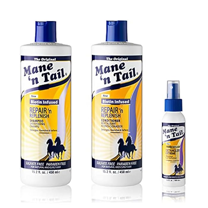 Mane 'n Tail شامبو وبلسم مان و تيل لإصلاح وتجديد الشعر (15.2 أونصة لكل منهما) + مزيل تشابك الشعر المتطرف (3.4 أونصة) – خالي من الكبريتات، نظام لتعريف وتغذية الشعر الطبيعي والمجعد - Image 1