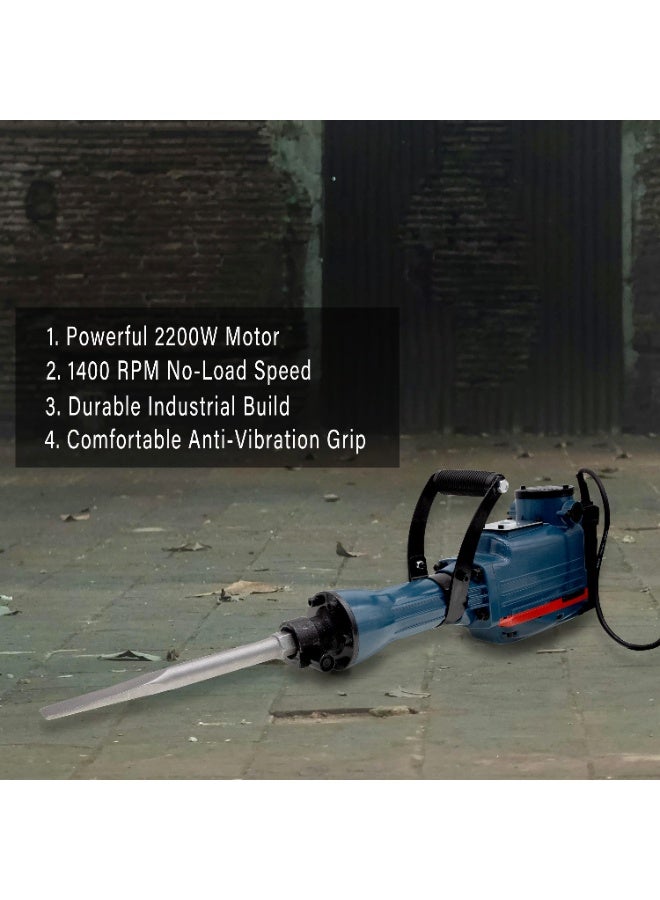 بوناي مطرقة هدم BN-HK98، مطرقة كهربائية بقوة 2200 واط للخرسانة والبلاط، أداة تكسير متينة، 1400 دورة في الدقيقة، 220-240 فولت، أداة كهربائية صناعية مع أزاميل وحقيبة - Image 2