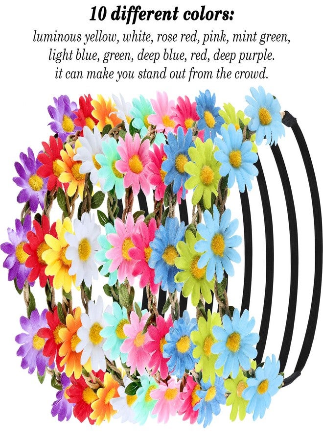 Bememo 20 Pieces Hippie Headband Glasses Costume Set, Includes 10 Pieces Multicolor Daisy Flower Crown, 10 Pieces Round Hippie Sunglasses for Festival - Image 5
