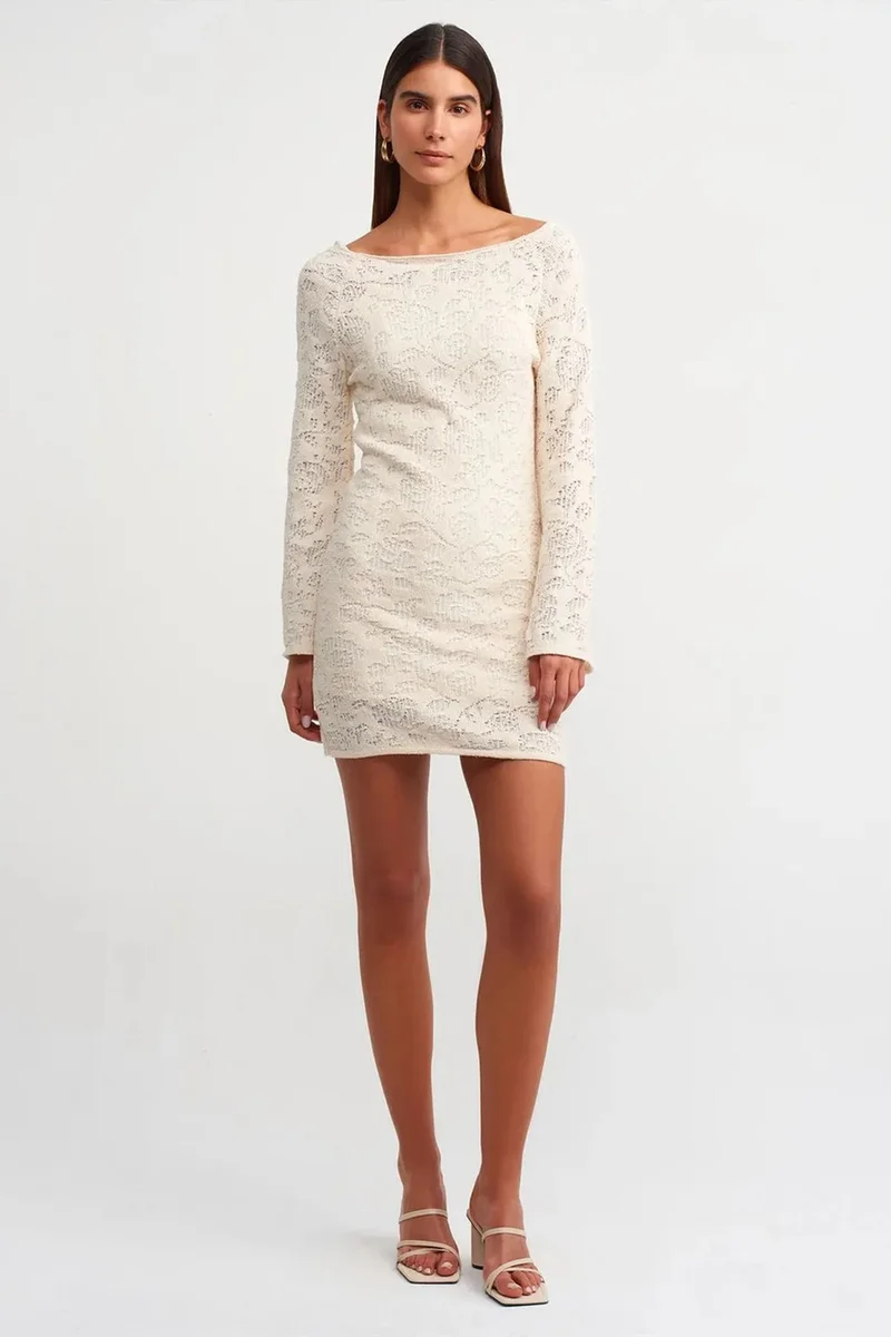 Dilvin Ivory Natural DILVIN Fitted Lace Mini Dress for Women | Best Price UAE