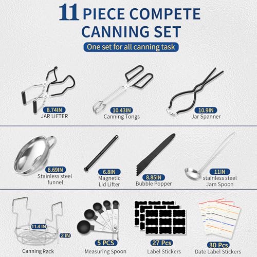 Gemfino Canning Supplies Starter Kit with Canning RackCanning Kit for Beginners 11 Pcs Jar Lifter Funnel Wrench Tongs Lid Lifter Bubble Popper Labels Ladle Measuring Spoon Black - Image 3