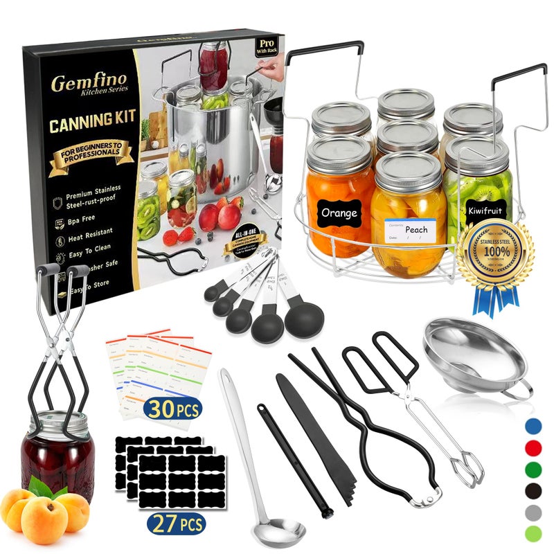 Gemfino Canning Supplies Starter Kit with Canning RackCanning Kit for Beginners 11 Pcs Jar Lifter Funnel Wrench Tongs Lid Lifter Bubble Popper Labels Ladle Measuring Spoon Black - Image 2