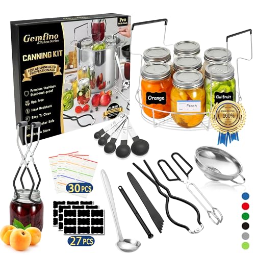 Gemfino Canning Supplies Starter Kit with Canning RackCanning Kit for Beginners 11 Pcs Jar Lifter Funnel Wrench Tongs Lid Lifter Bubble Popper Labels Ladle Measuring Spoon Black - Image 1