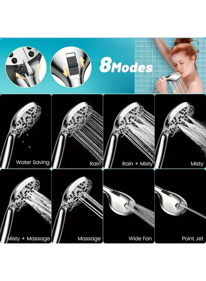 High Pressure 8 Mode Handheld Shower Head Wall Mount Round Plastic Silvery Showerhead No Electricity Needed Easy Clean Silicone Nozzle Water Saving High Flow Bath Sprayer - Image 2